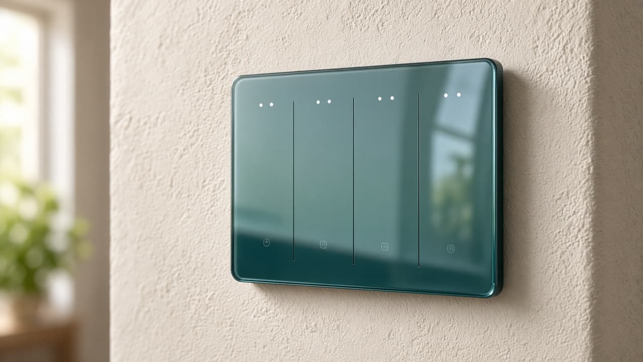 מתג מגע זכוכית Palwintec על קיר בסלון — שדרוג אלחוטי בלי שבירת קירות